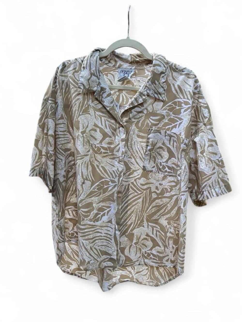 Relaxed Tropical Button-Down Shirt - Taupe/White